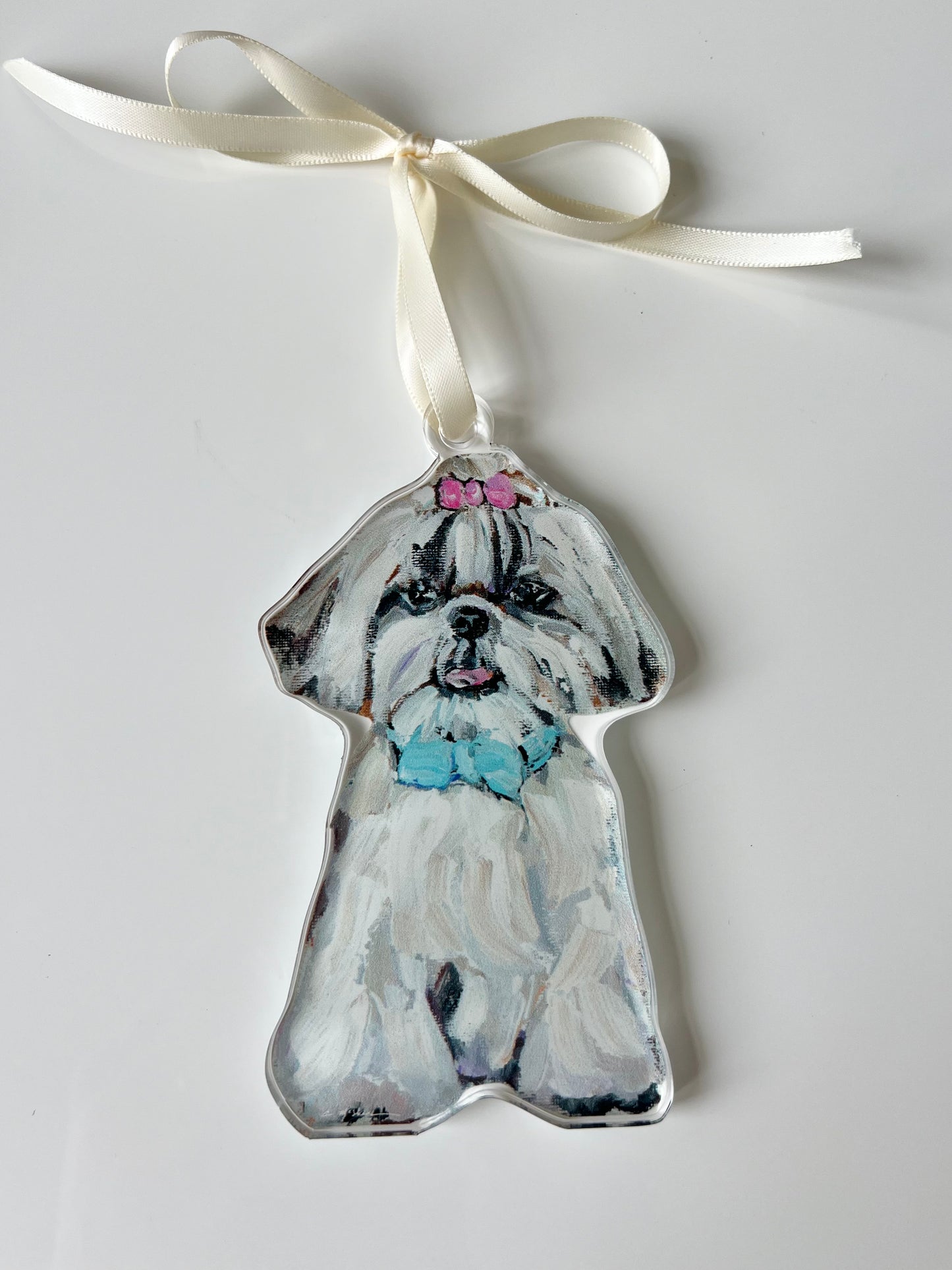 "Shih Tzu White with Hair Bow" Ornament (Mix + Match 10 MOQ)