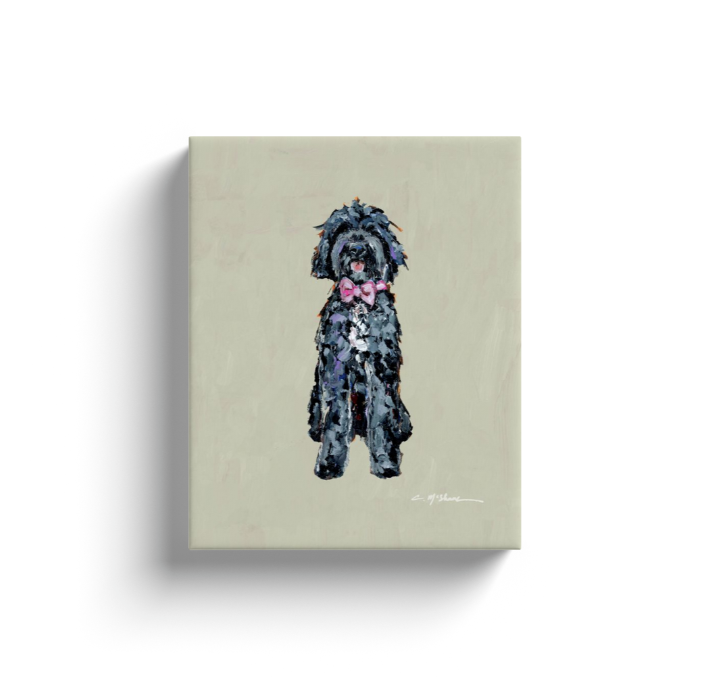 "Goldendoodle black with pink bow" canvas print