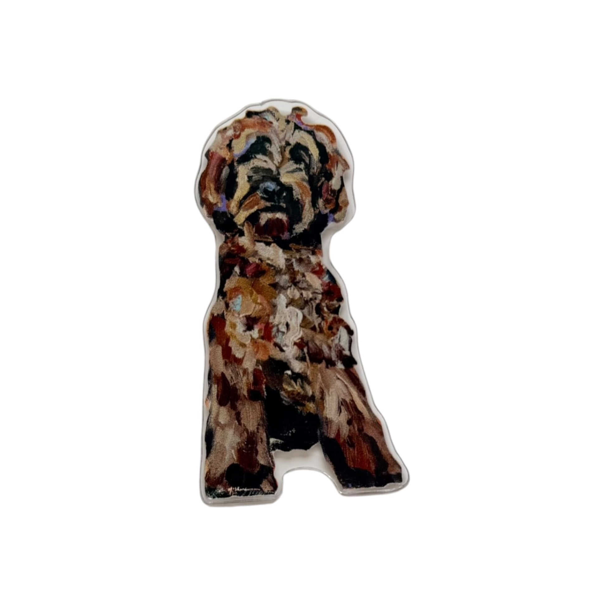 Red Goldendoodle dog acrylic magnet featuring original artwork by Chelsea McShane.