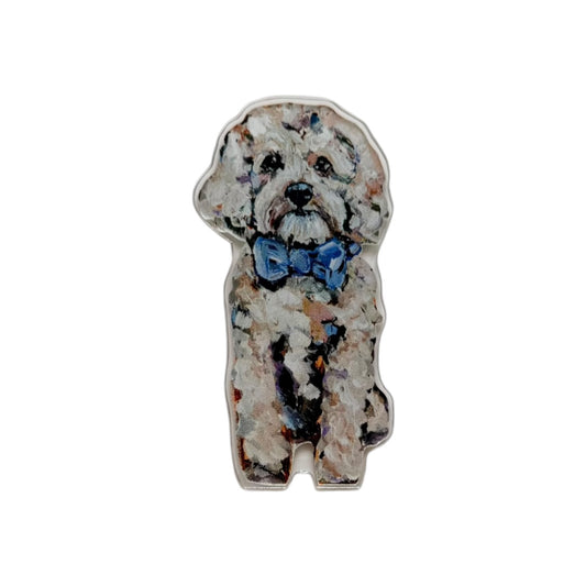 Cavapoo with blue bow dog acrylic magnet featuring original artwork by Chelsea McShane.