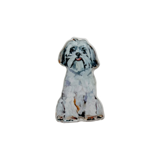 White Shih Tzu dog acrylic magnet featuring original artwork by Chelsea McShane.