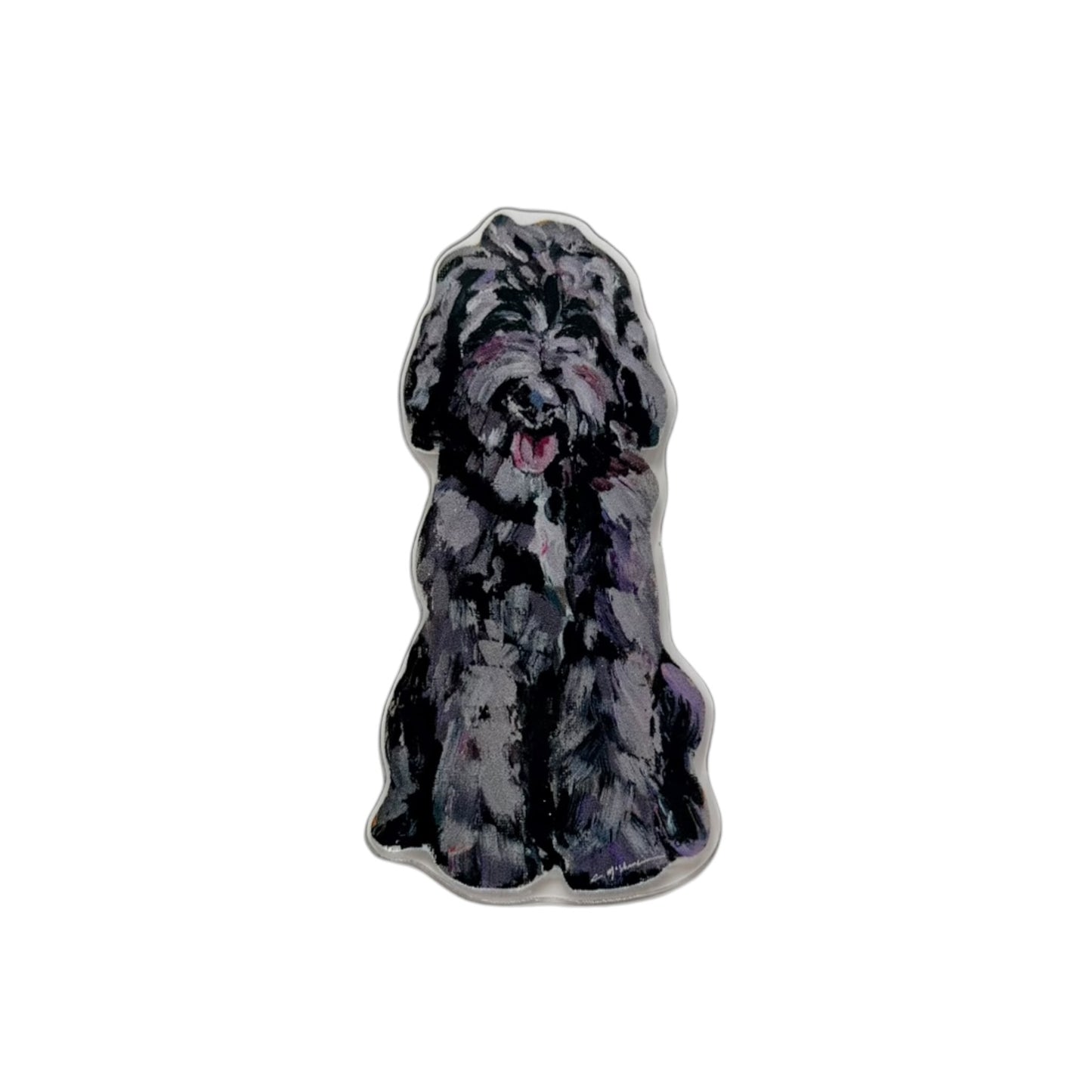 Chocolate Goldendoodle dog acrylic magnet featuring original artwork by Chelsea McShane.