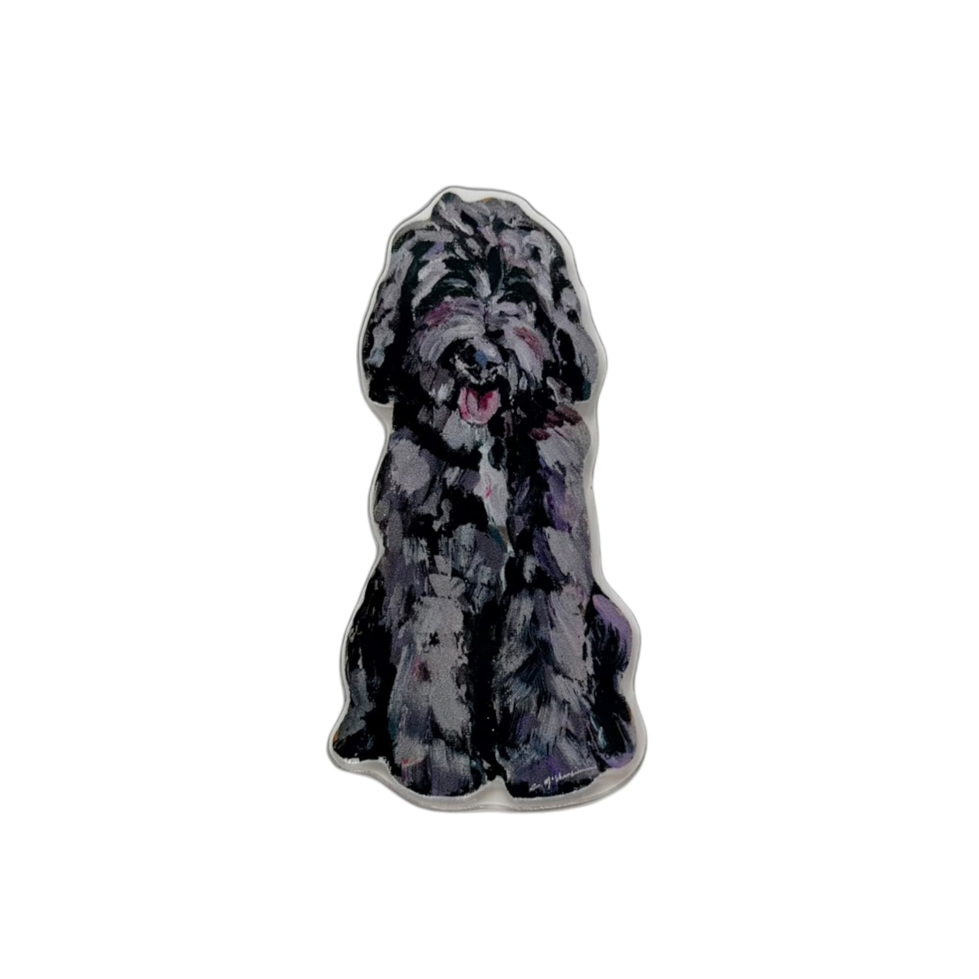 Chocolate Goldendoodle dog acrylic magnet featuring original artwork by Chelsea McShane.