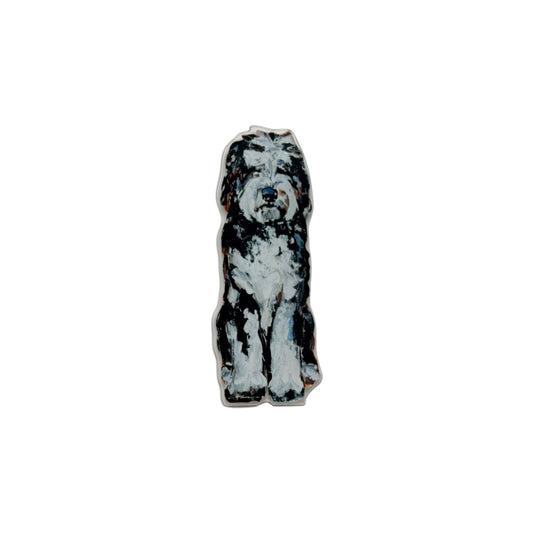Sheepadoodle dog acrylic magnet featuring original artwork by Chelsea McShane.