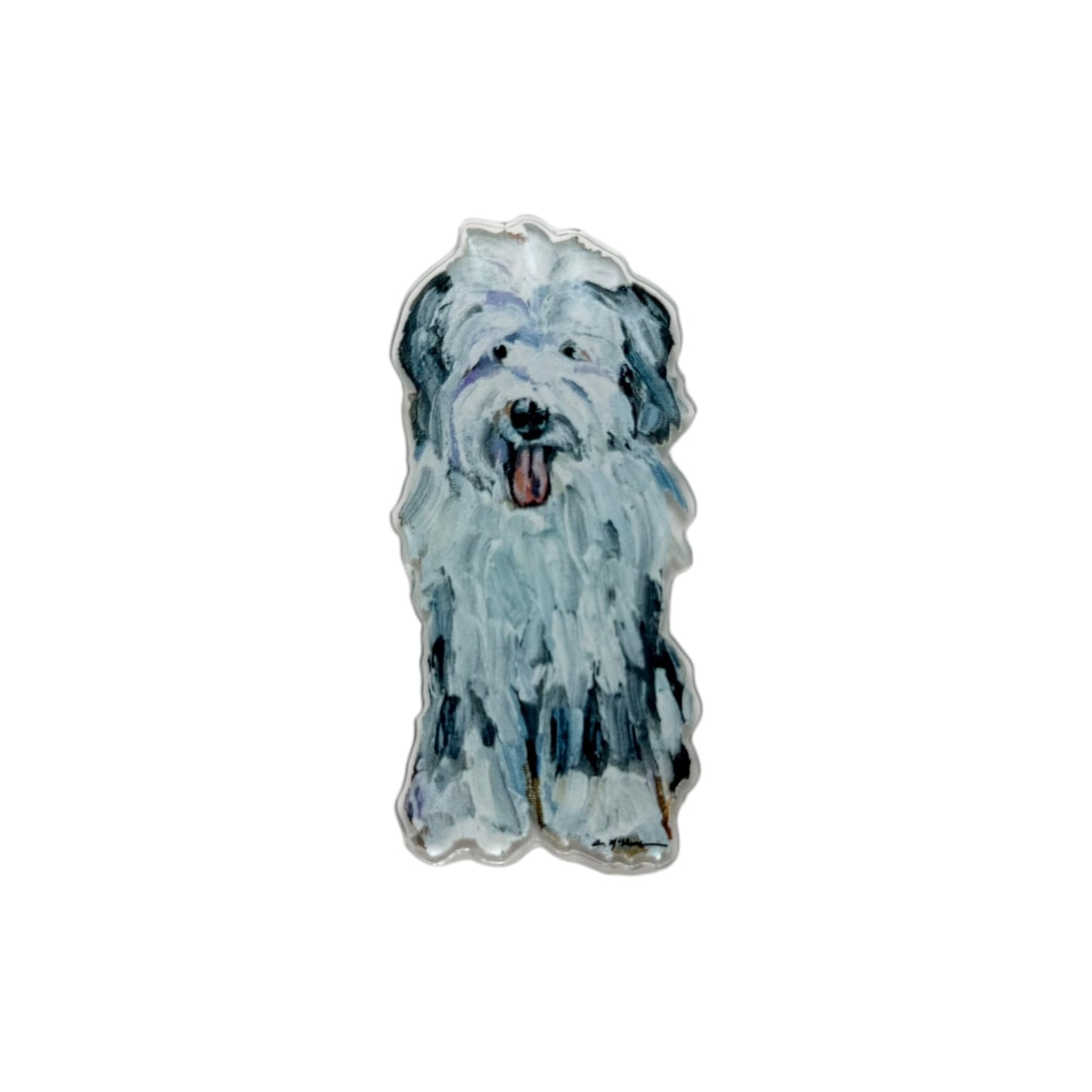 Old English Sheepdog dog acrylic magnet featuring original artwork by Chelsea McShane.