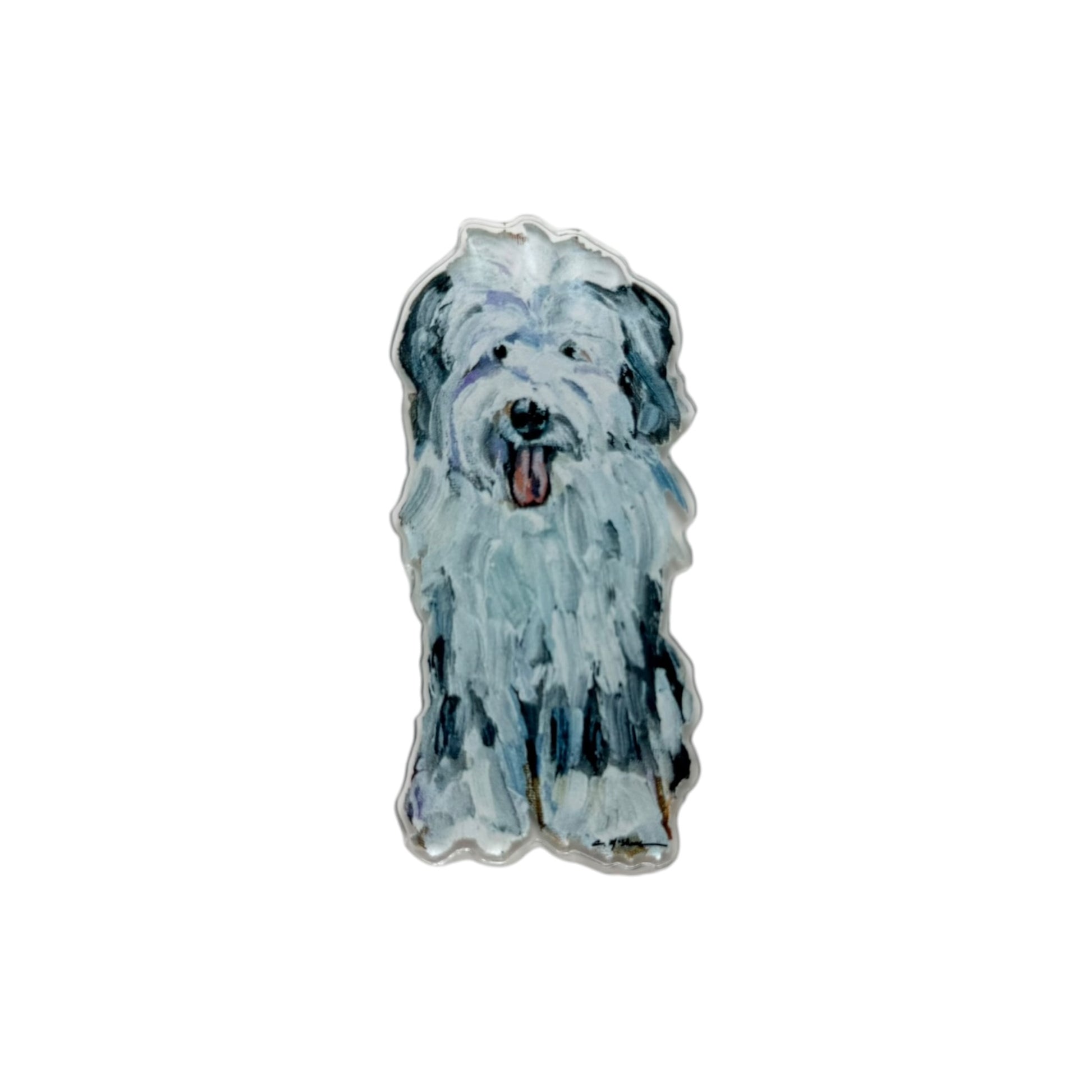 Old English Sheepdog dog acrylic magnet featuring original artwork by Chelsea McShane.