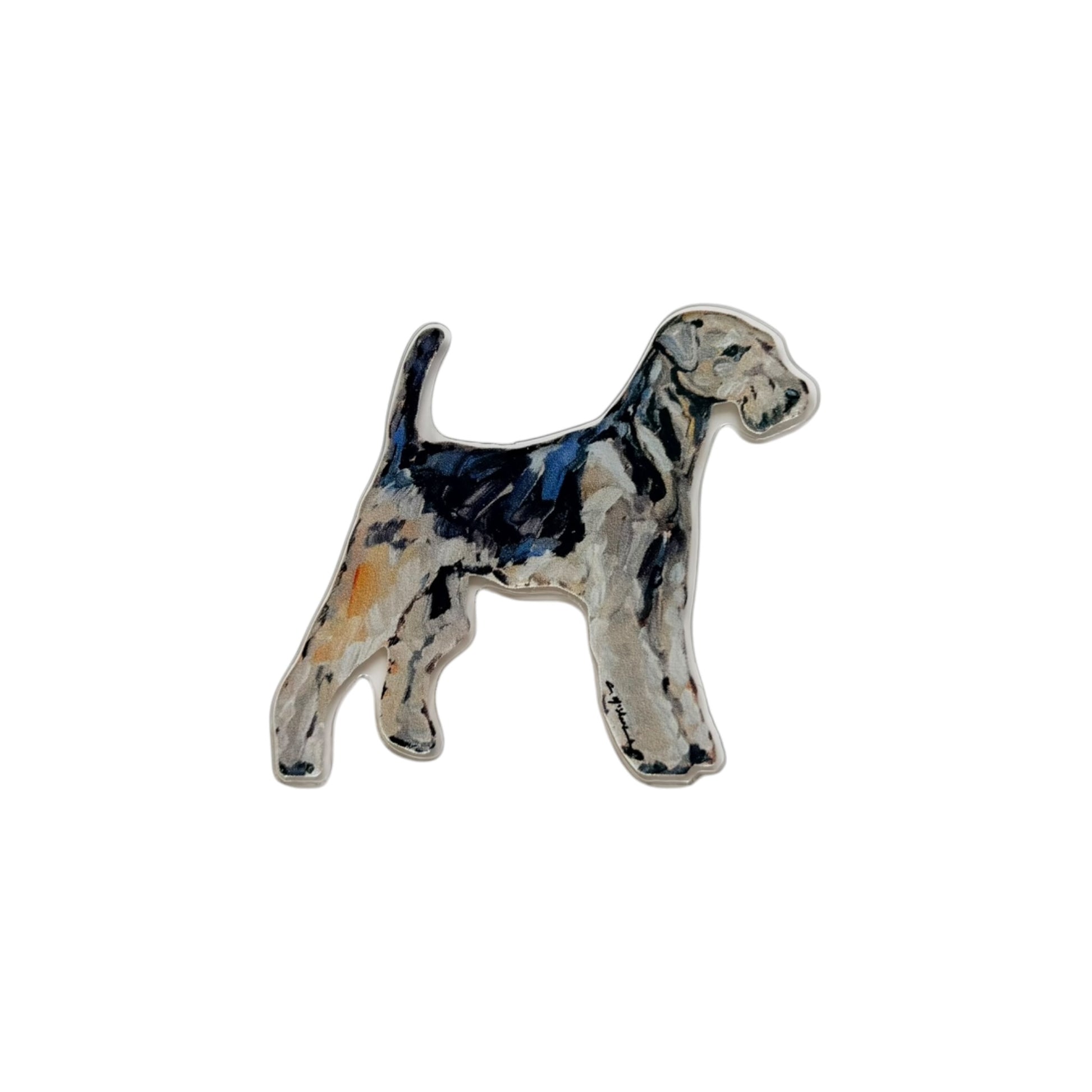 Airedale dog acrylic magnet featuring original artwork by Chelsea McShane.