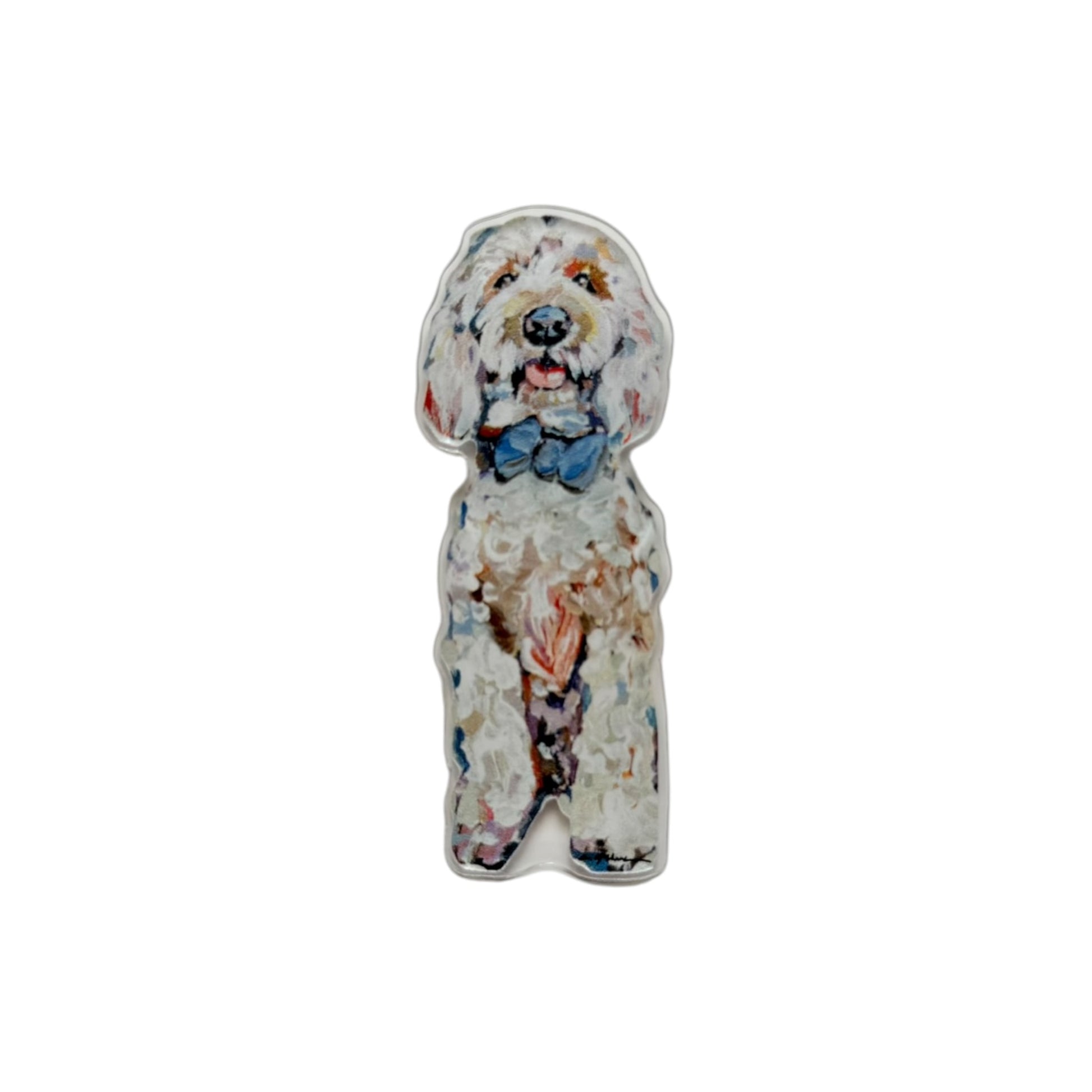 Goldendoodle with blue bow dog acrylic magnet featuring original artwork by Chelsea McShane.