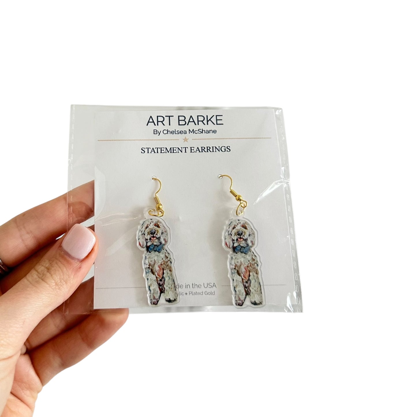 "Goldendoodle White Blue Bow" Earrings