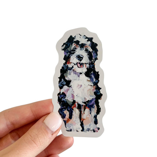 Bernedoodle dog vinyl removable sticker featuring artwork y Chelsea McShane. 