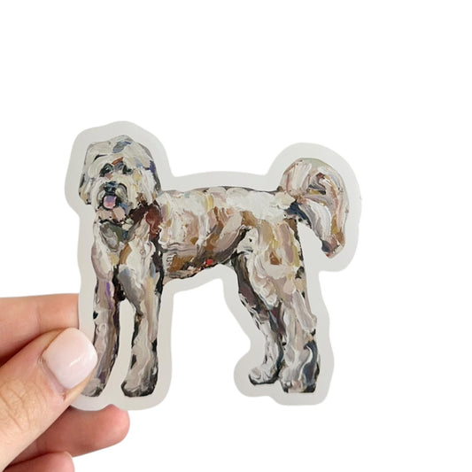 Goldendoodle dog vinyl removable sticker featuring artwork y Chelsea McShane. 