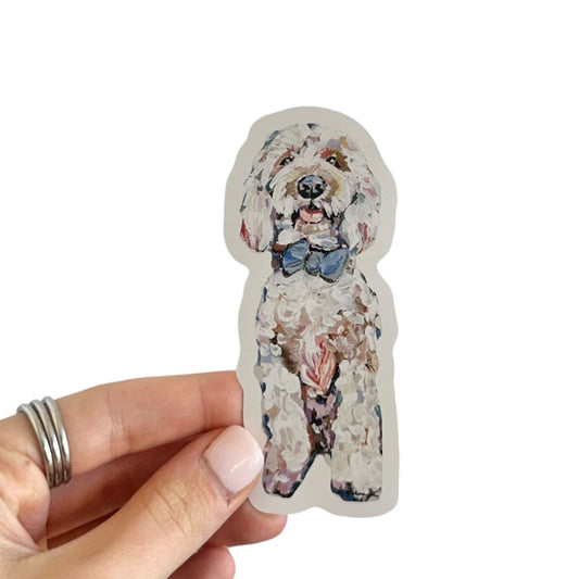 "Goldendoodle White Blue Bow" Sticker