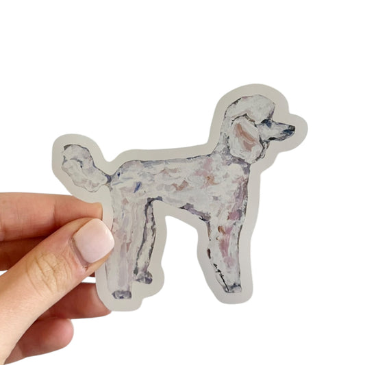 White Poodle dog vinyl removable sticker featuring artwork y Chelsea McShane. 