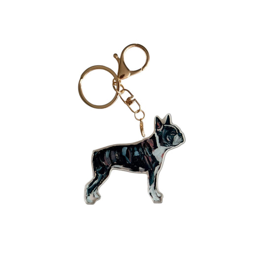 Boston Terrier acrylic dog bag charm and keychain featuring artwork by Chelsea McShane.