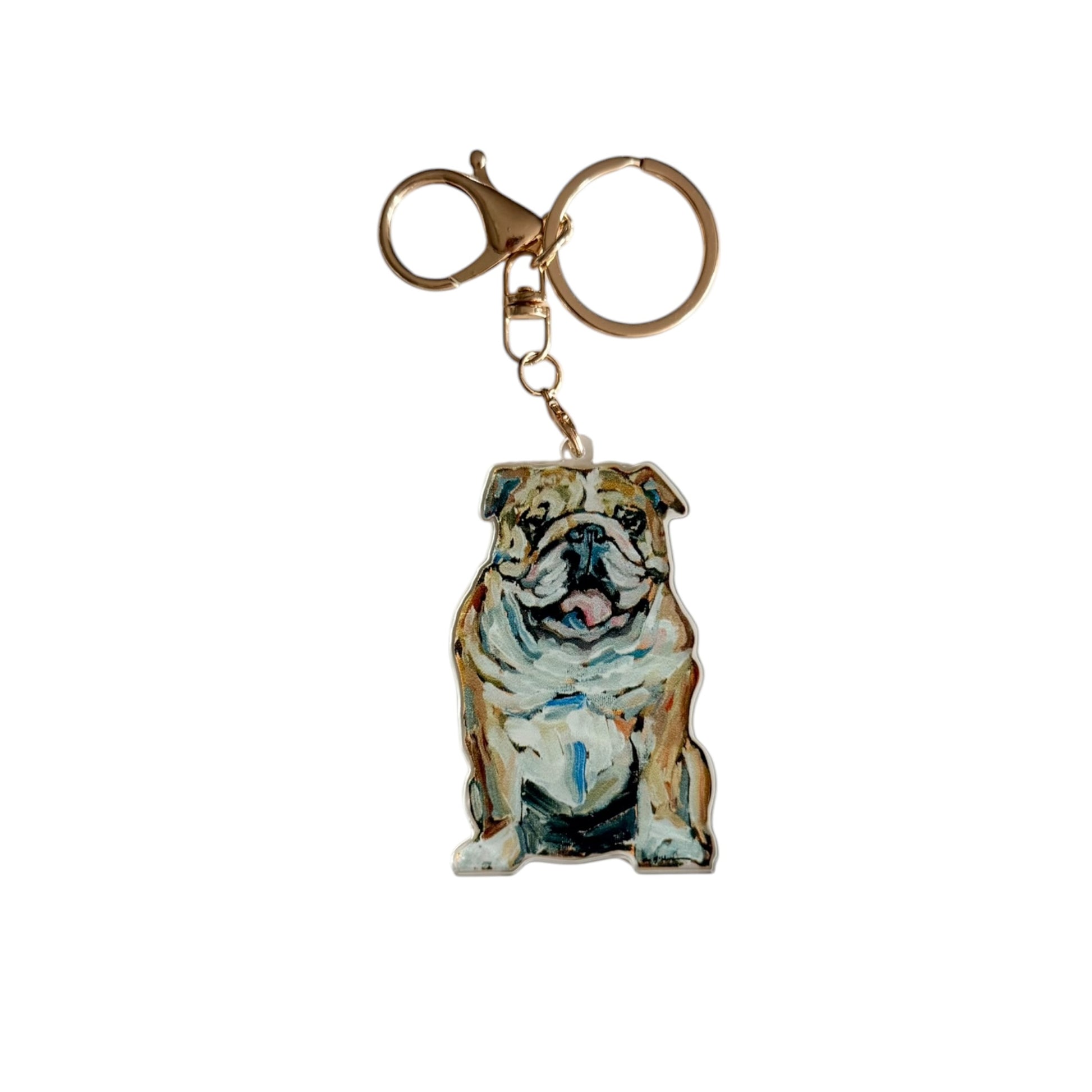 English Bulldog acrylic dog bag charm and keychain featuring artwork by Chelsea McShane.