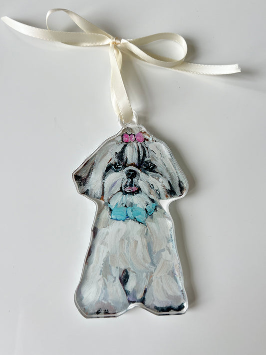 "Shih Tzu White with Hair Bow" Ornament (Mix + Match 10 MOQ)