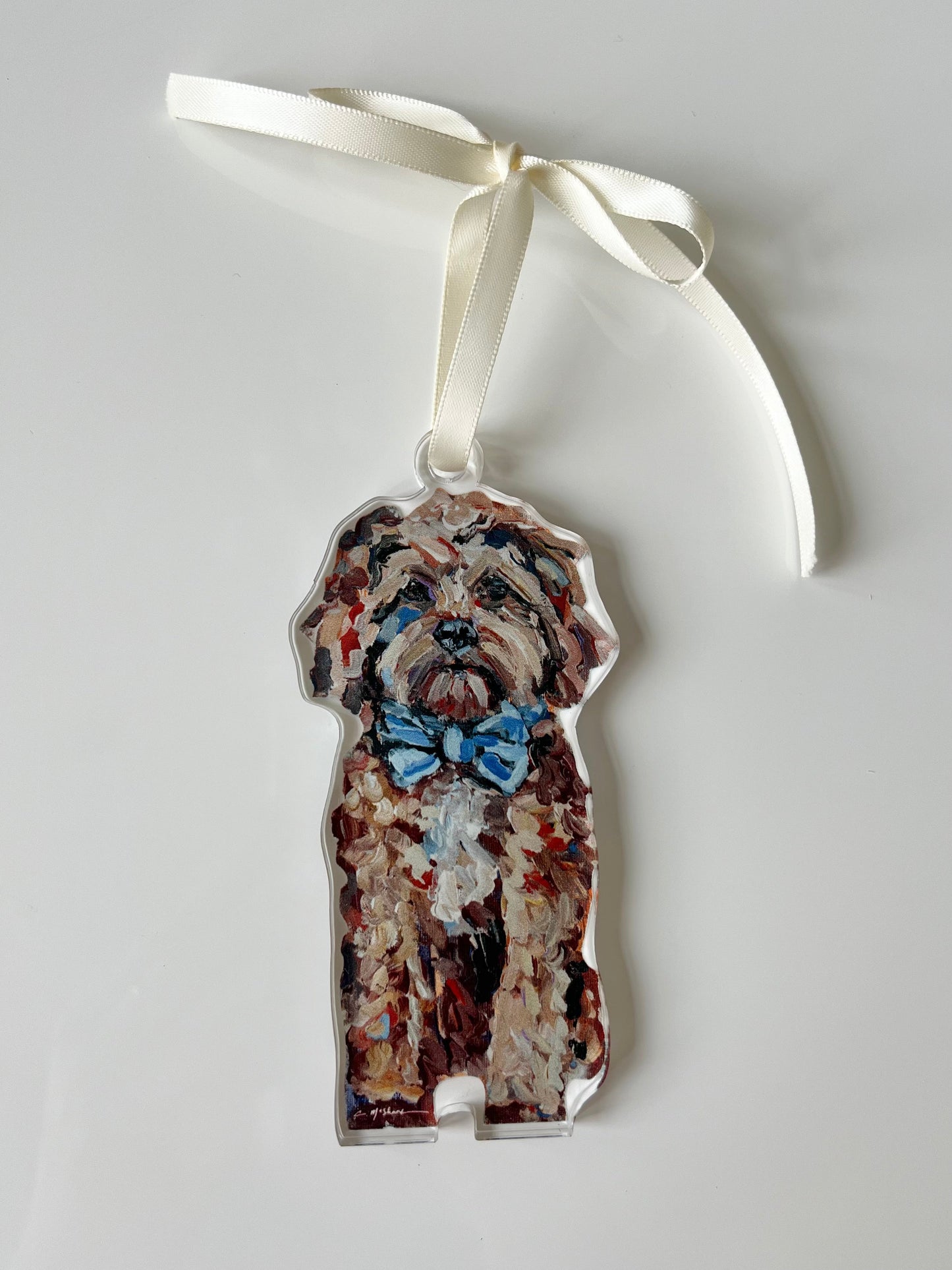 Red Cavapoo with Blue Bow Acrylic Dog Ornament