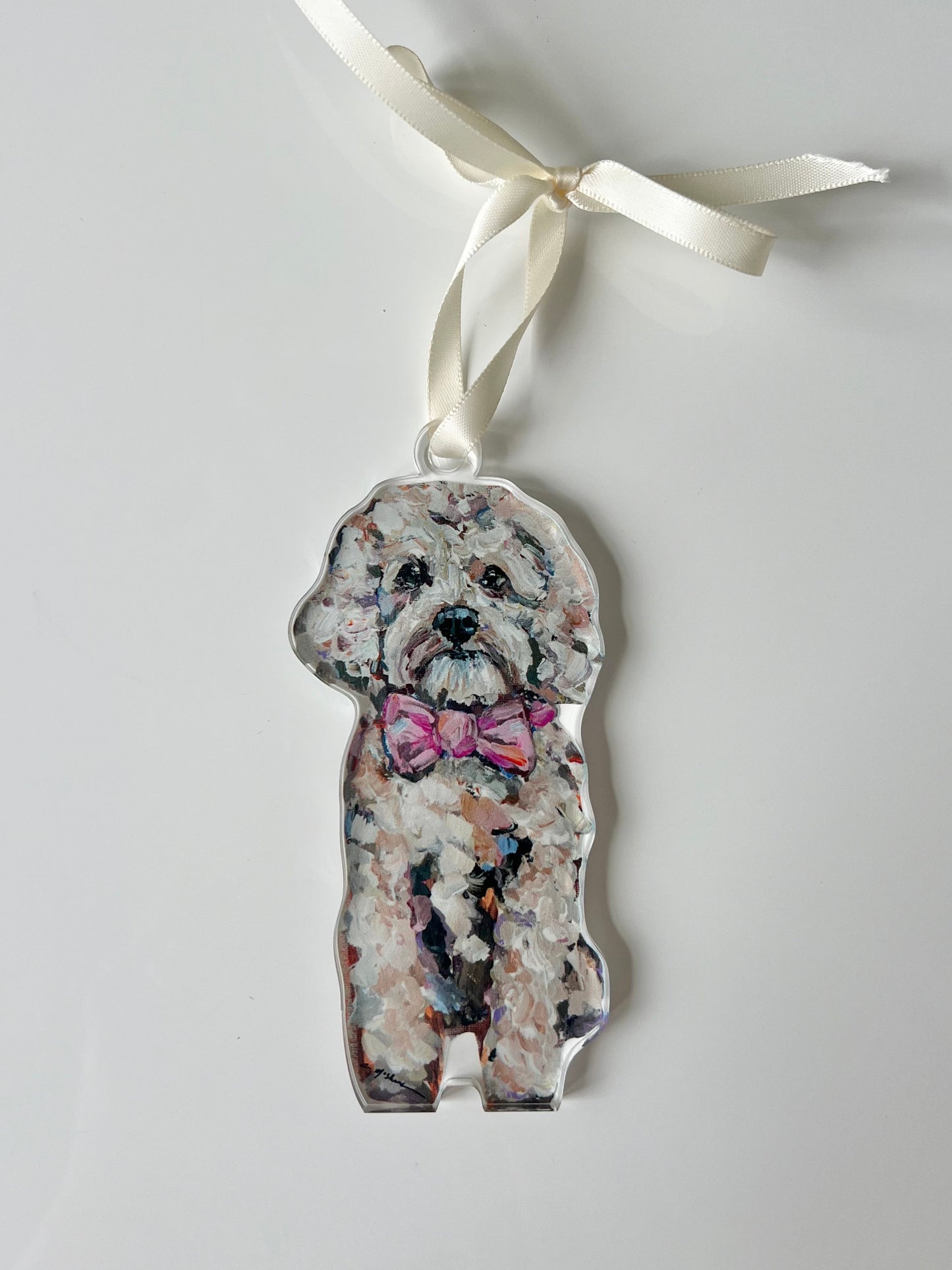 Cavapoo Light with Pink Bow Acrylic Dog Ornament