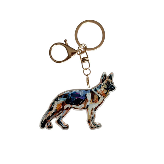 German Shepherd acrylic dog bag charm and keychain featuring artwork by Chelsea McShane.