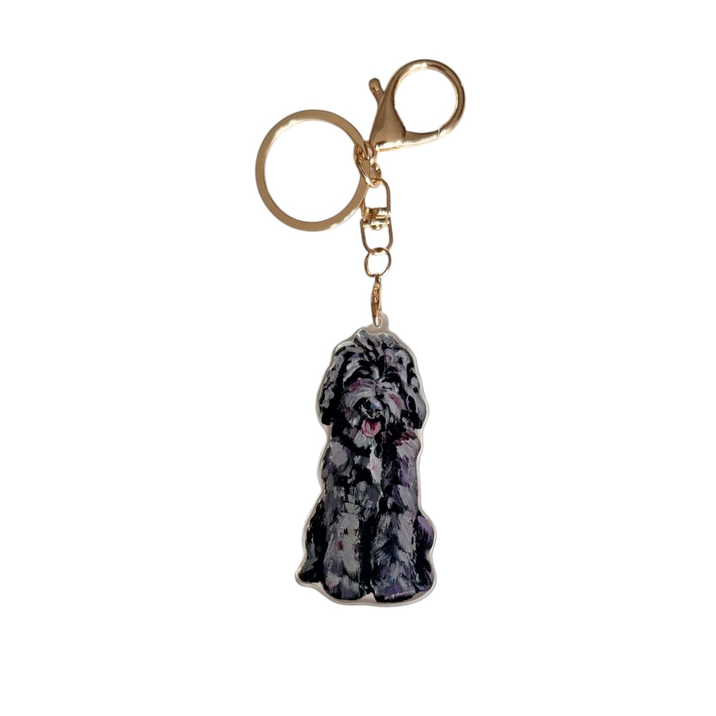 Chocolate Goldendoodle acrylic dog bag charm and keychain featuring artwork by Chelsea McShane.