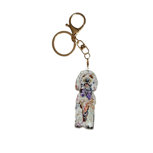 "Goldendoodle Light with Purple Bow" bag charm