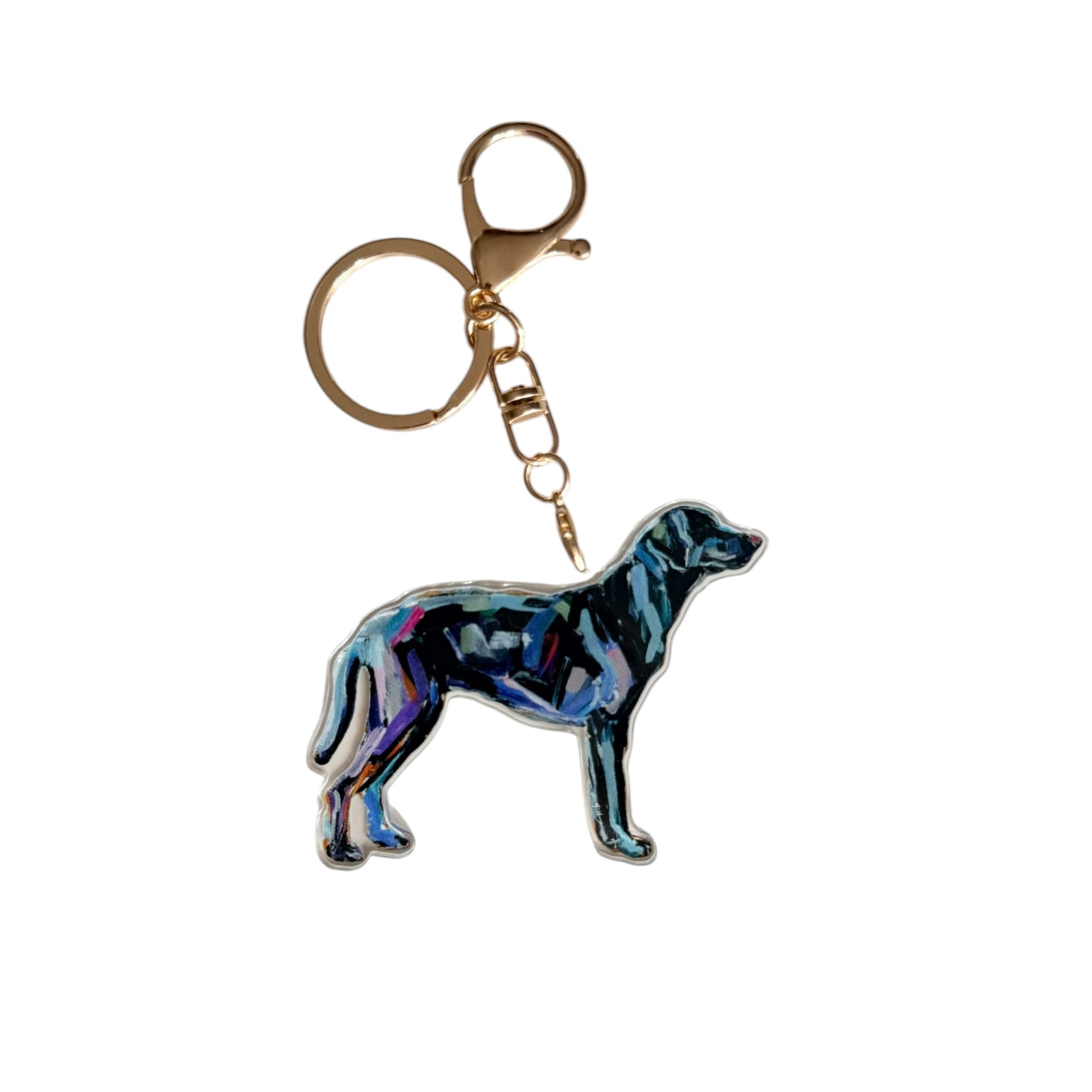 Black Labrador acrylic dog bag charm and keychain featuring artwork by Chelsea McShane.