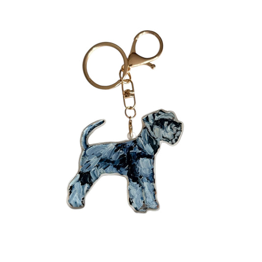 Schnauzer acrylic dog bag charm and keychain featuring artwork by Chelsea McShane.