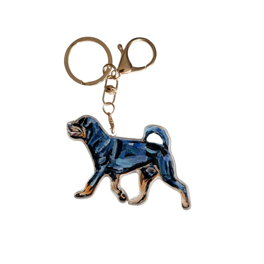 Rottweiler acrylic dog bag charm and keychain featuring artwork by Chelsea McShane.