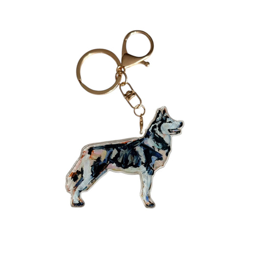 Siberian Husky acrylic dog bag charm and keychain featuring artwork by Chelsea McShane.