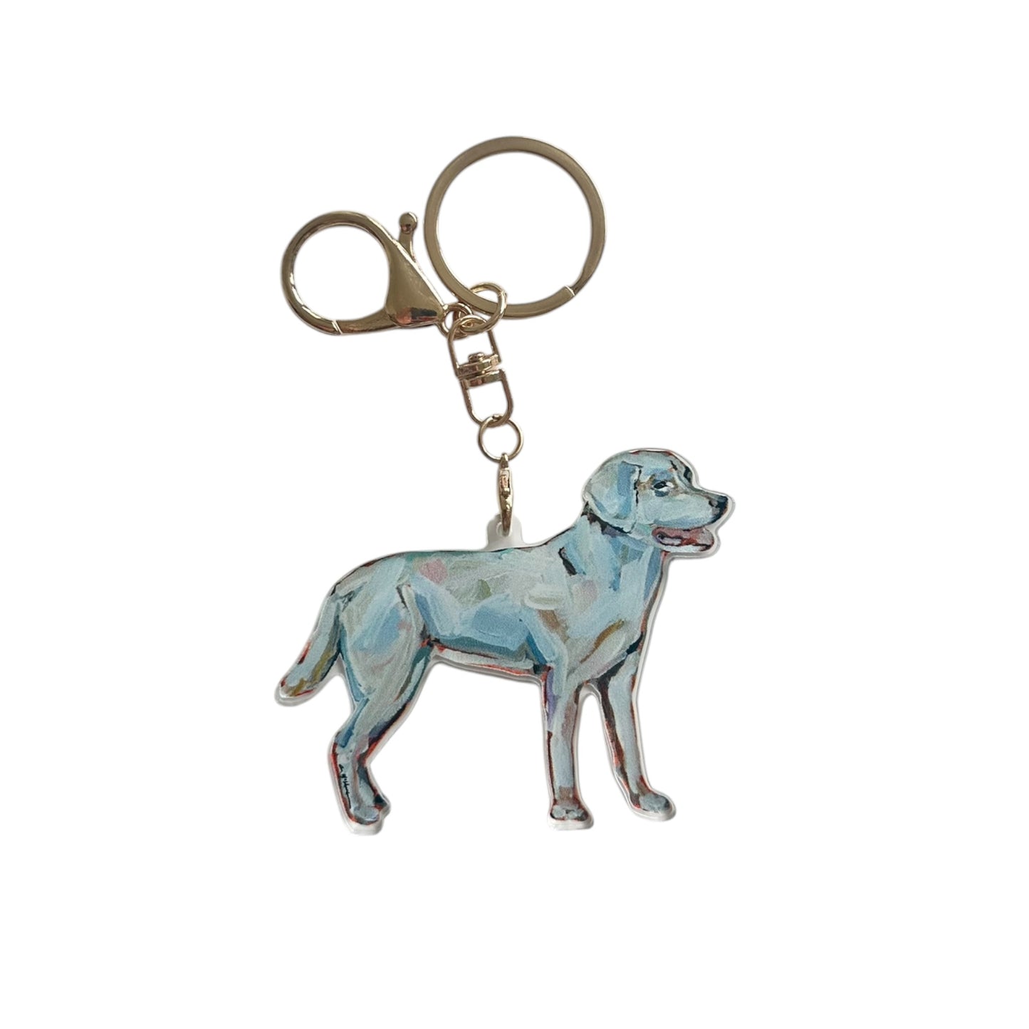 White Labrador acrylic dog bag charm and keychain featuring artwork by Chelsea McShane.