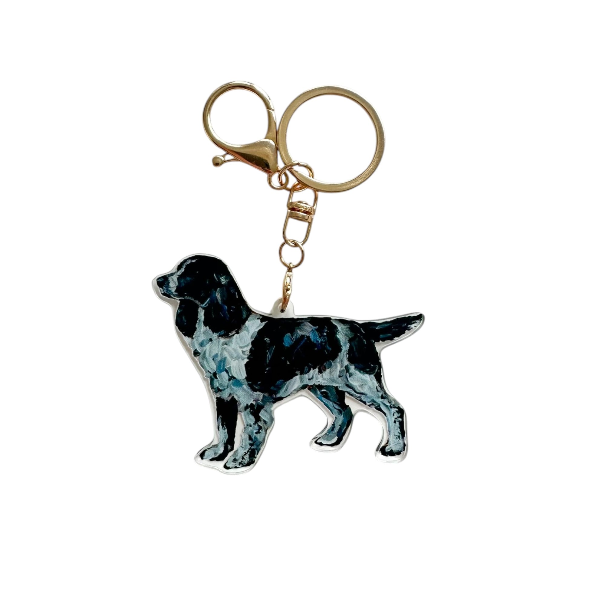 English Springer Spaniel acrylic dog bag charm and keychain featuring artwork by Chelsea McShane.