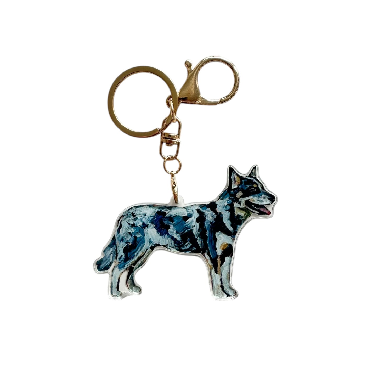 Blue Heeler Australian Cattle Dog acrylic dog bag charm and keychain featuring artwork by Chelsea McShane.
