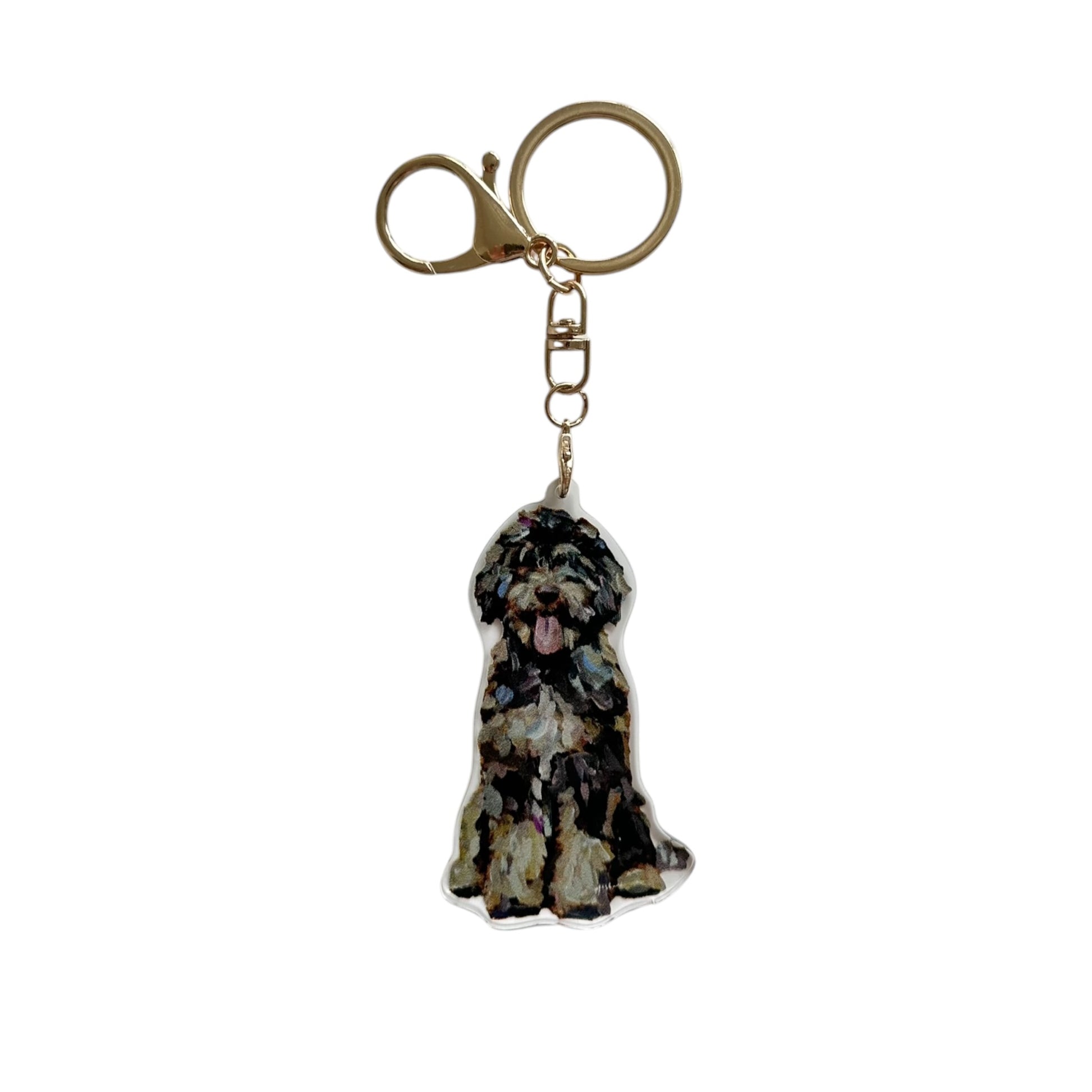 Chocolate Bernedoodle acrylic dog bag charm and keychain featuring artwork by Chelsea McShane.