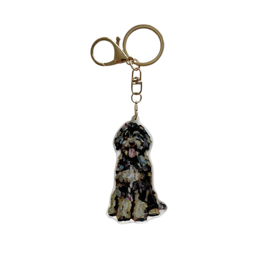 Chocolate Bernedoodle acrylic dog bag charm and keychain featuring artwork by Chelsea McShane.