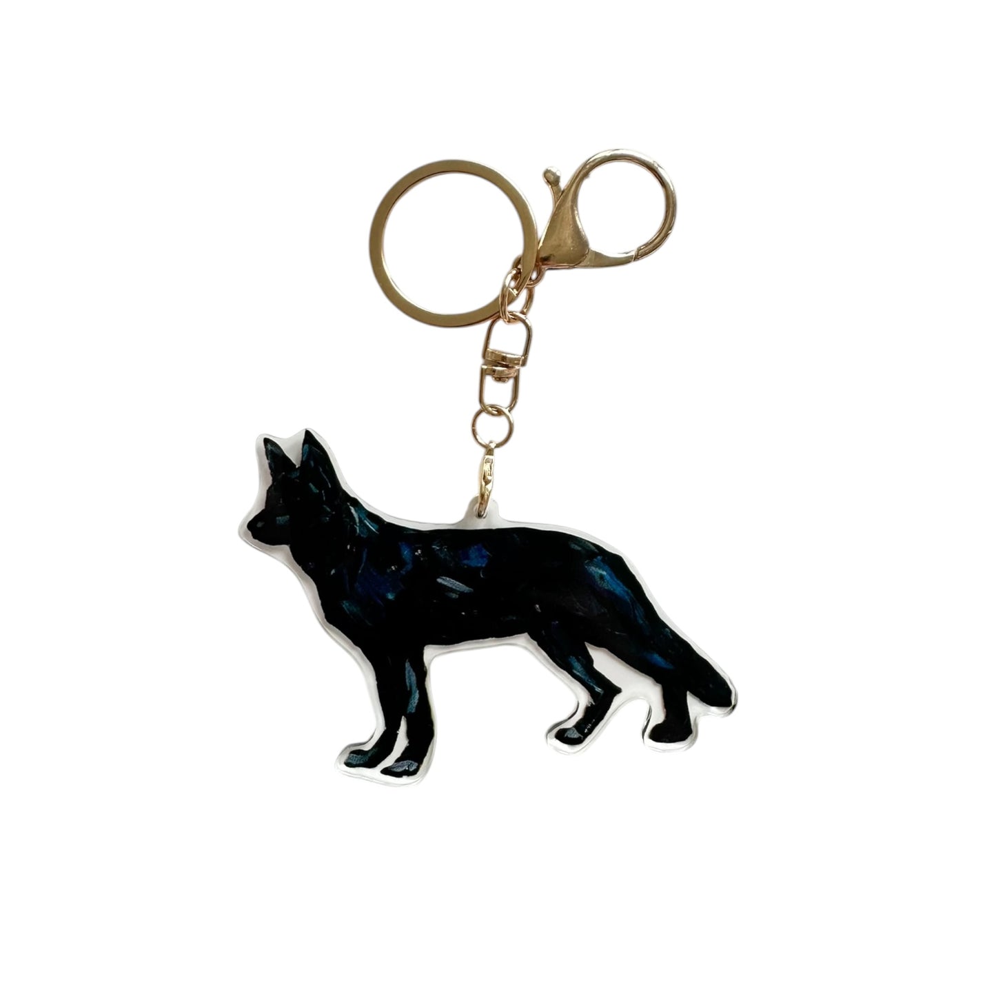 Black German Shepherd acrylic dog bag charm and keychain featuring artwork by Chelsea McShane.