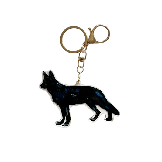Black German Shepherd acrylic dog bag charm and keychain featuring artwork by Chelsea McShane.