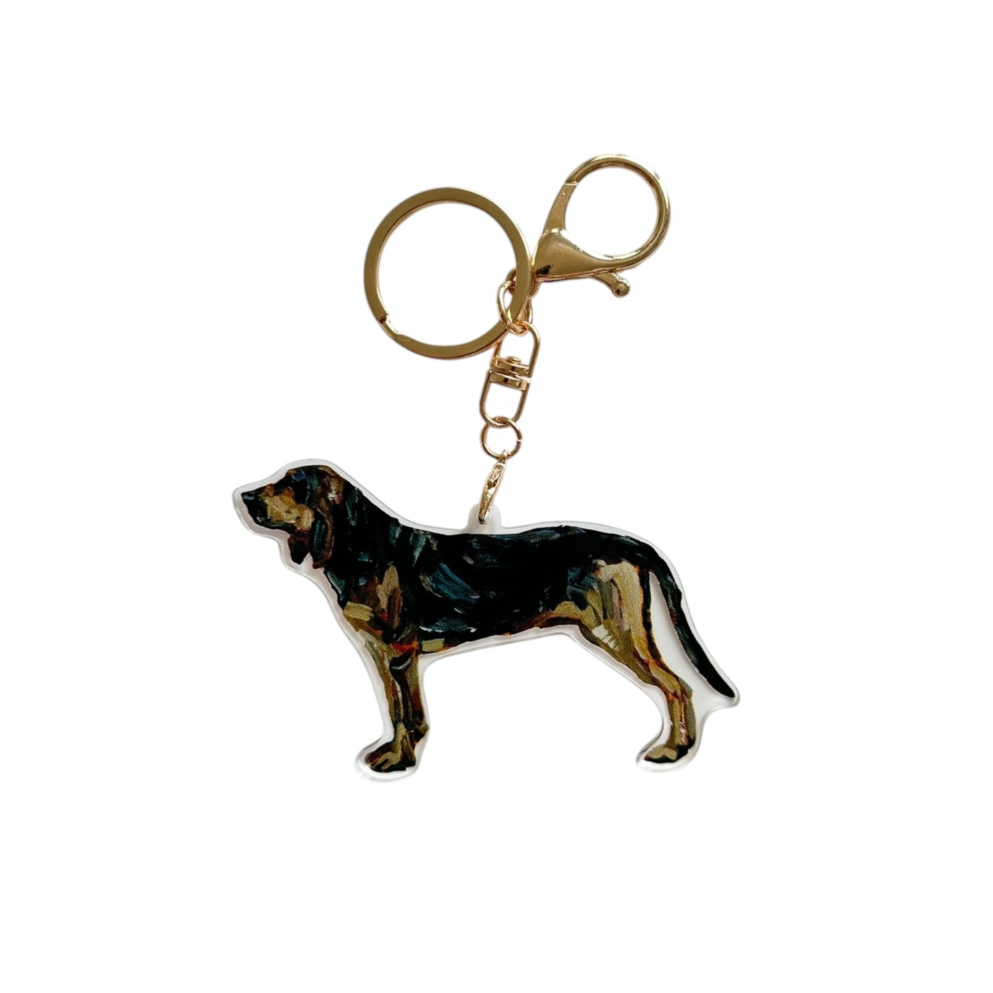 Bloodhound acrylic dog bag charm and keychain featuring artwork by Chelsea McShane.