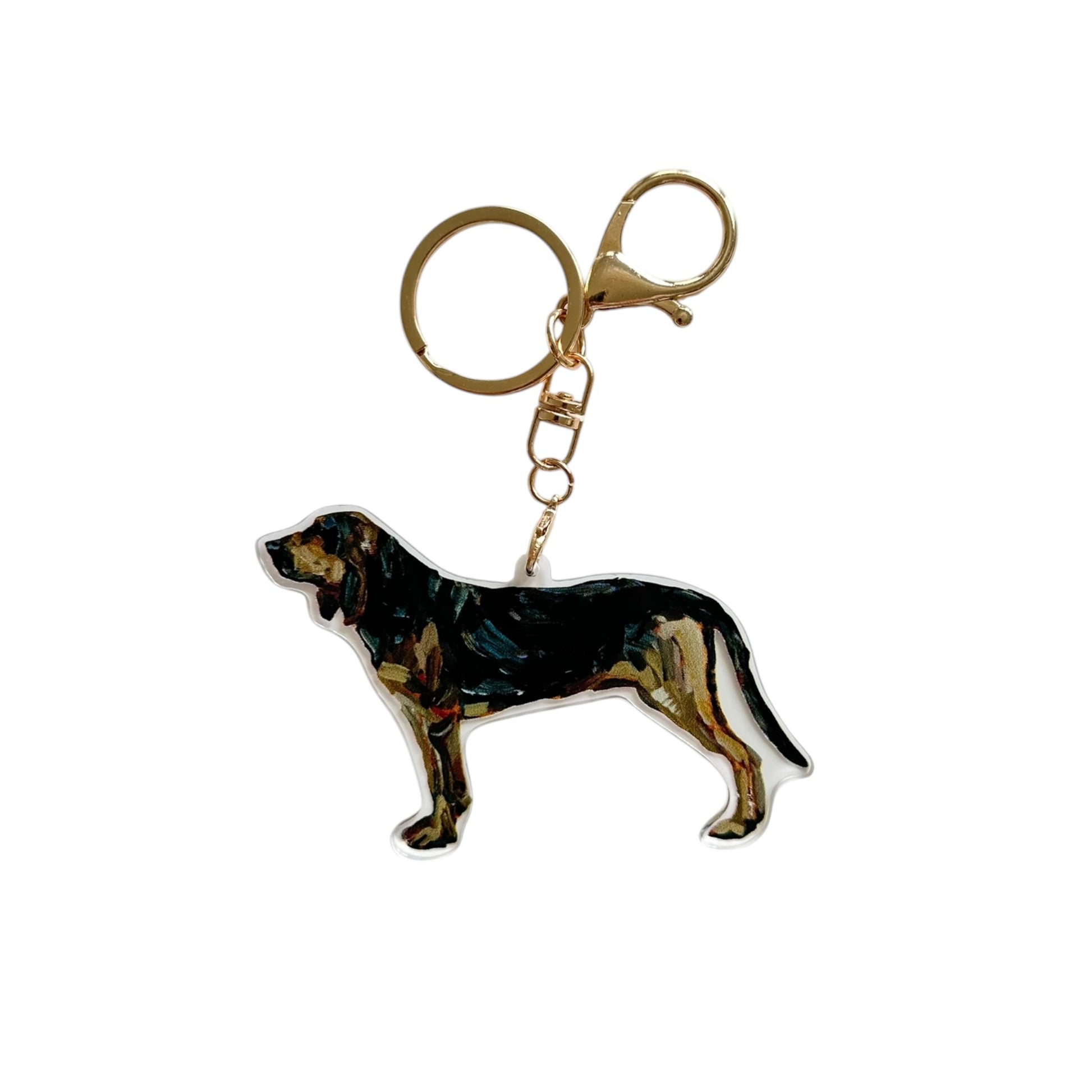 Bloodhound acrylic dog bag charm and keychain featuring artwork by Chelsea McShane.