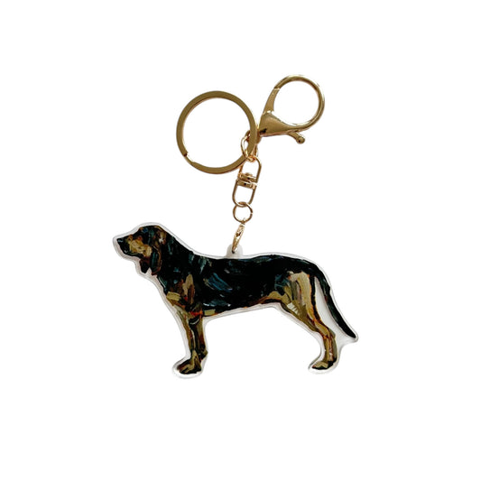Bloodhound acrylic dog bag charm and keychain featuring artwork by Chelsea McShane.