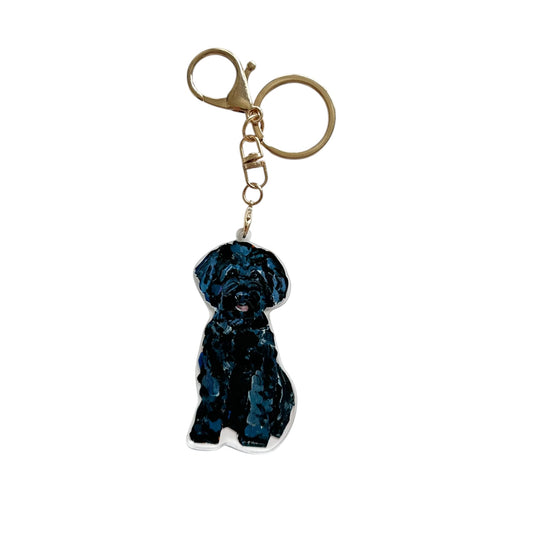 Black Small Dog Maltipoo acrylic dog bag charm and keychain featuring artwork by Chelsea McShane.