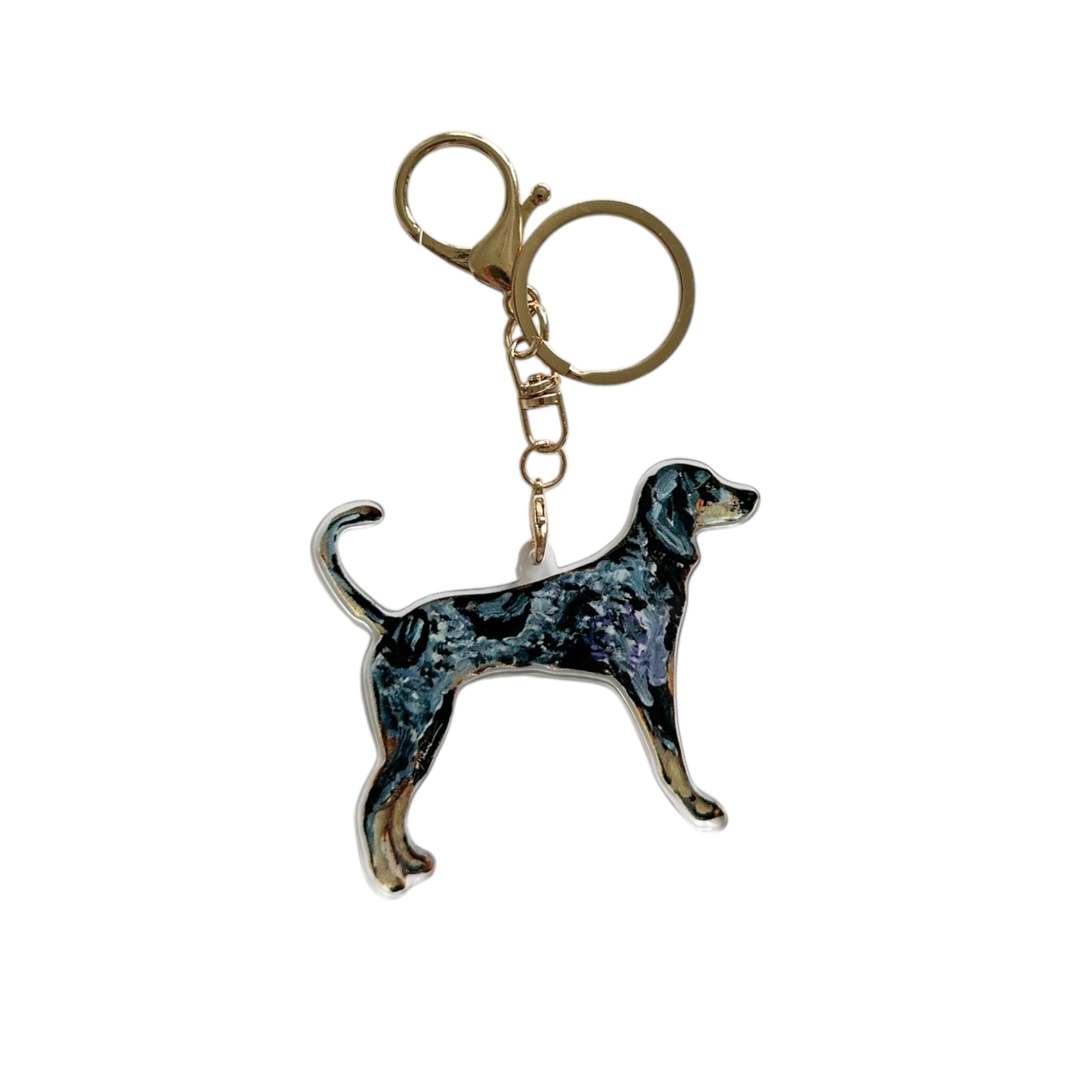 Bluetick Coonhound acrylic dog bag charm and keychain featuring artwork by Chelsea McShane.