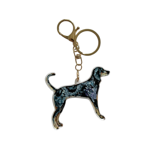 Bluetick Coonhound acrylic dog bag charm and keychain featuring artwork by Chelsea McShane.