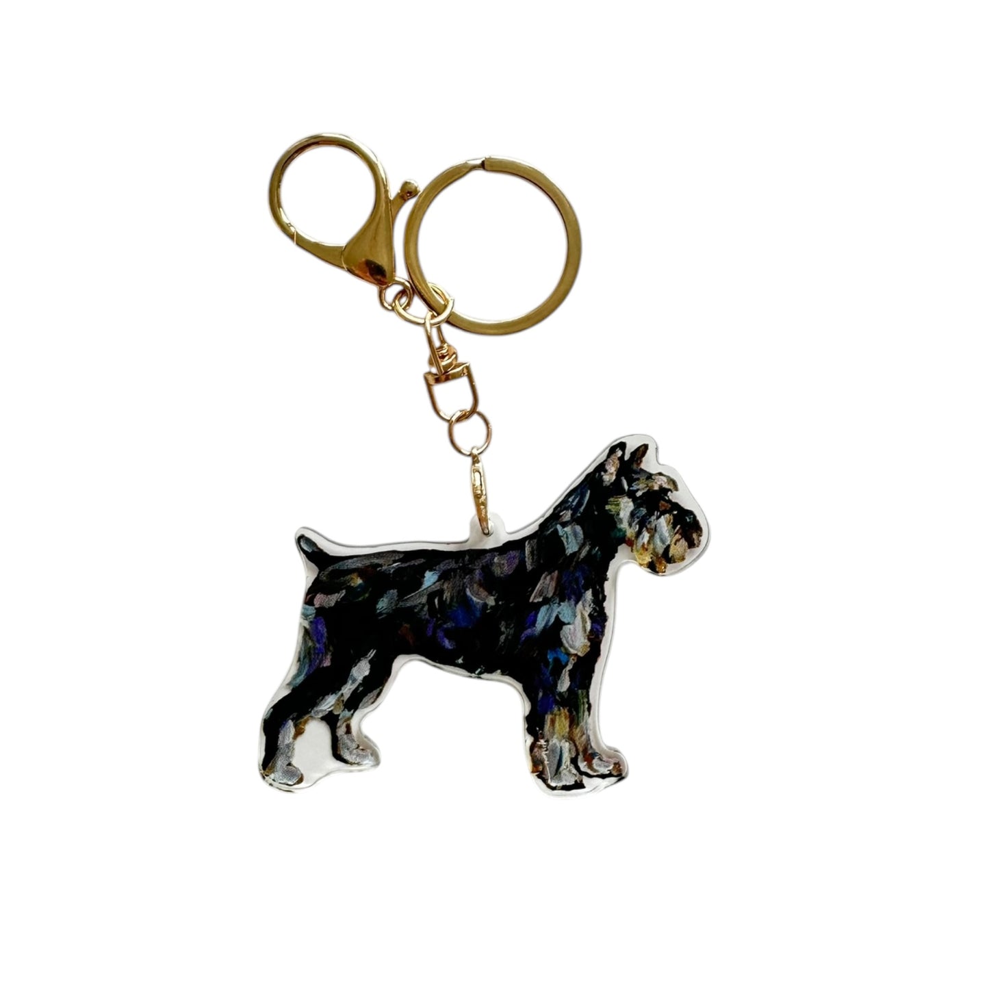 Schnauzer acrylic dog bag charm and keychain featuring artwork by Chelsea McShane.
