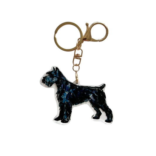 Schnauzer acrylic dog bag charm and keychain featuring artwork by Chelsea McShane.