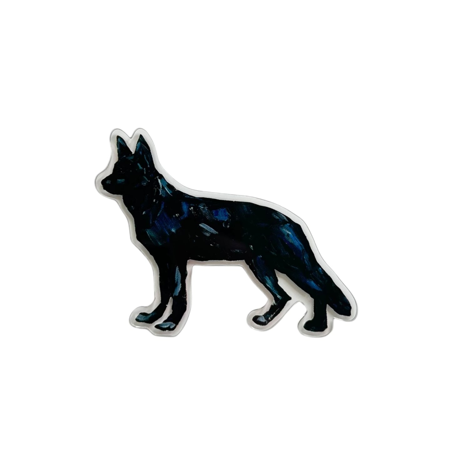 Black German Shepherd dog acrylic magnet featuring original artwork by Chelsea McShane.