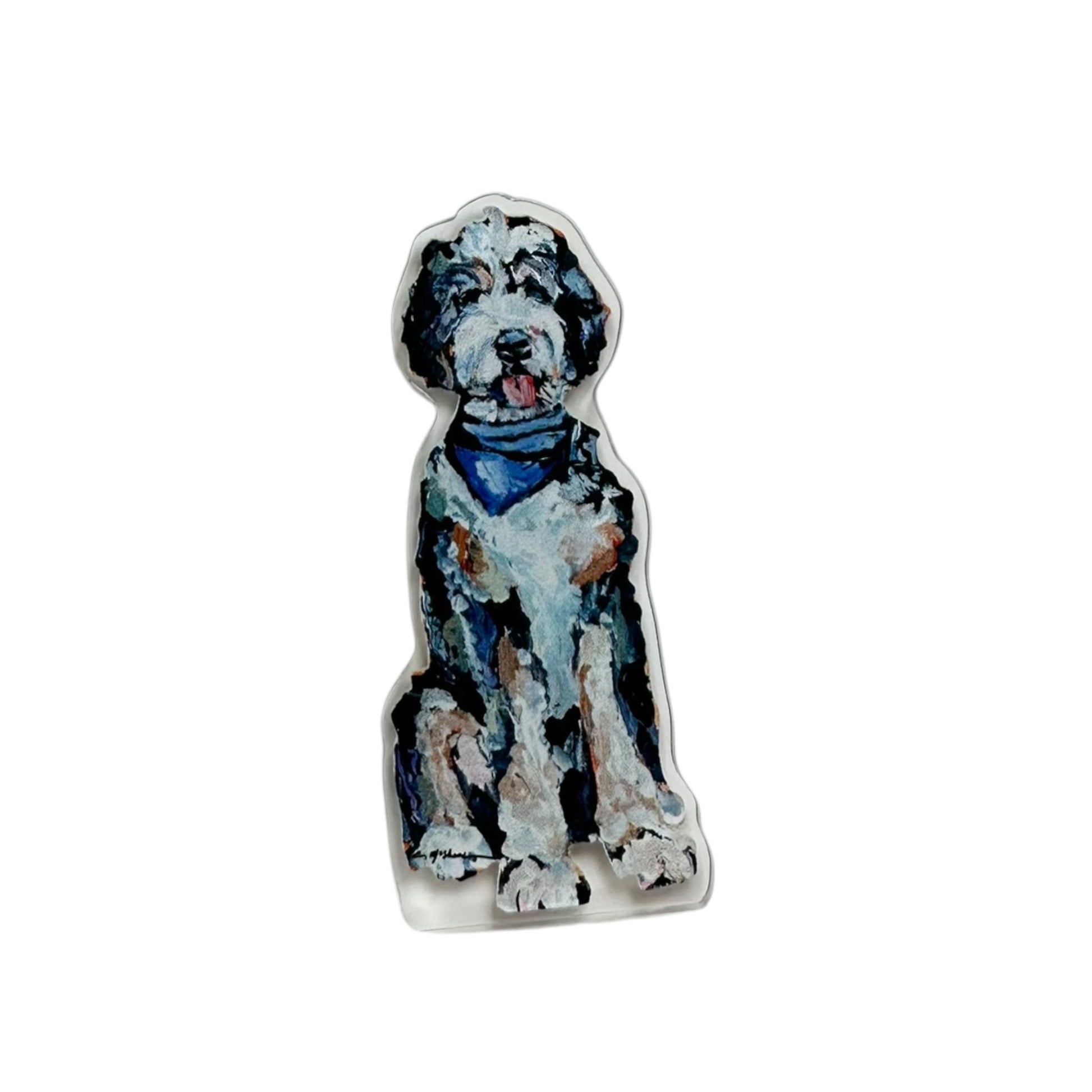 Bernedoodle dog acrylic magnet featuring original artwork by Chelsea McShane.