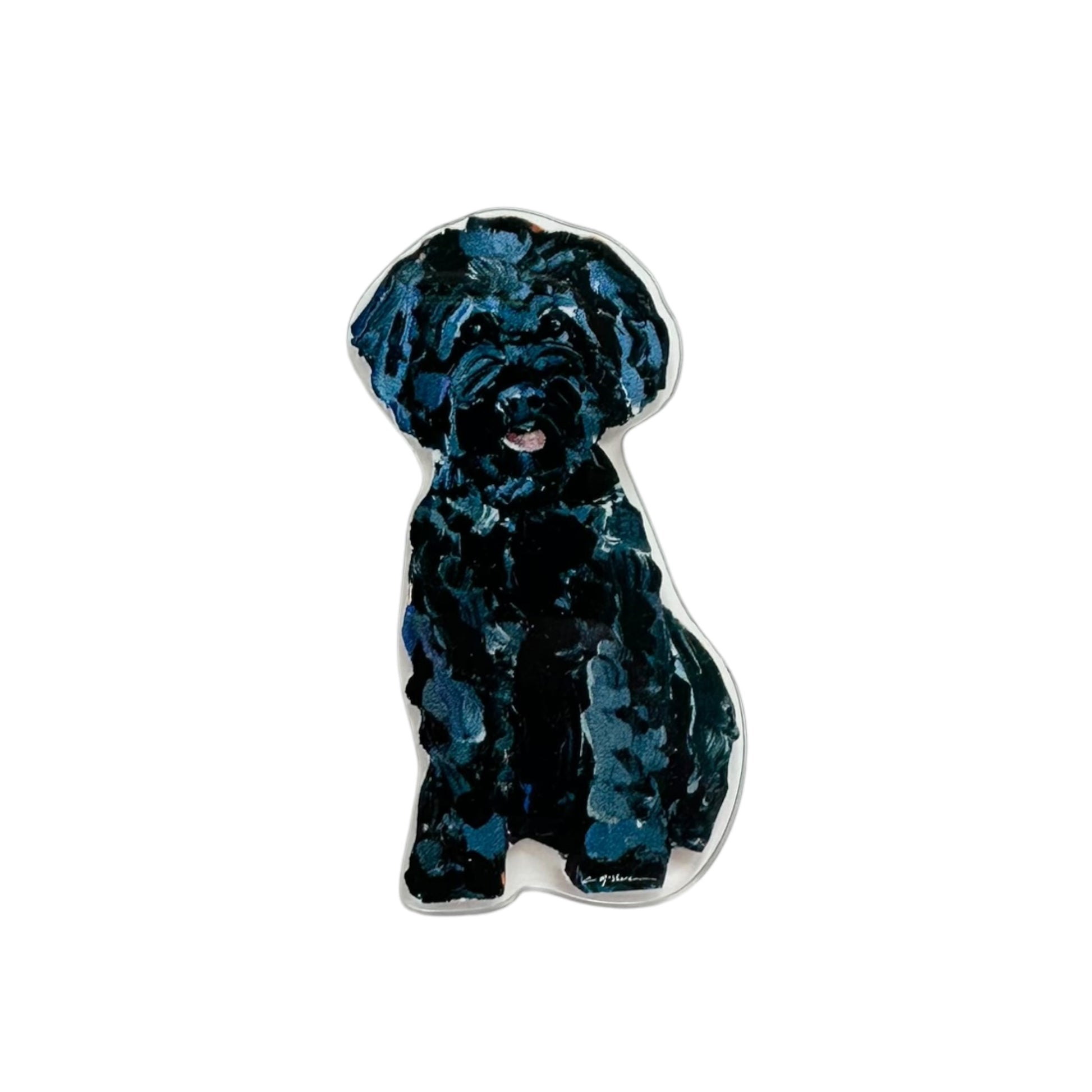 Black Maltipoo dog acrylic magnet featuring original artwork by Chelsea McShane.