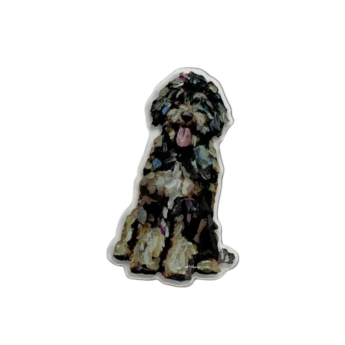 Bernedoodle dog acrylic magnet featuring original artwork by Chelsea McShane.