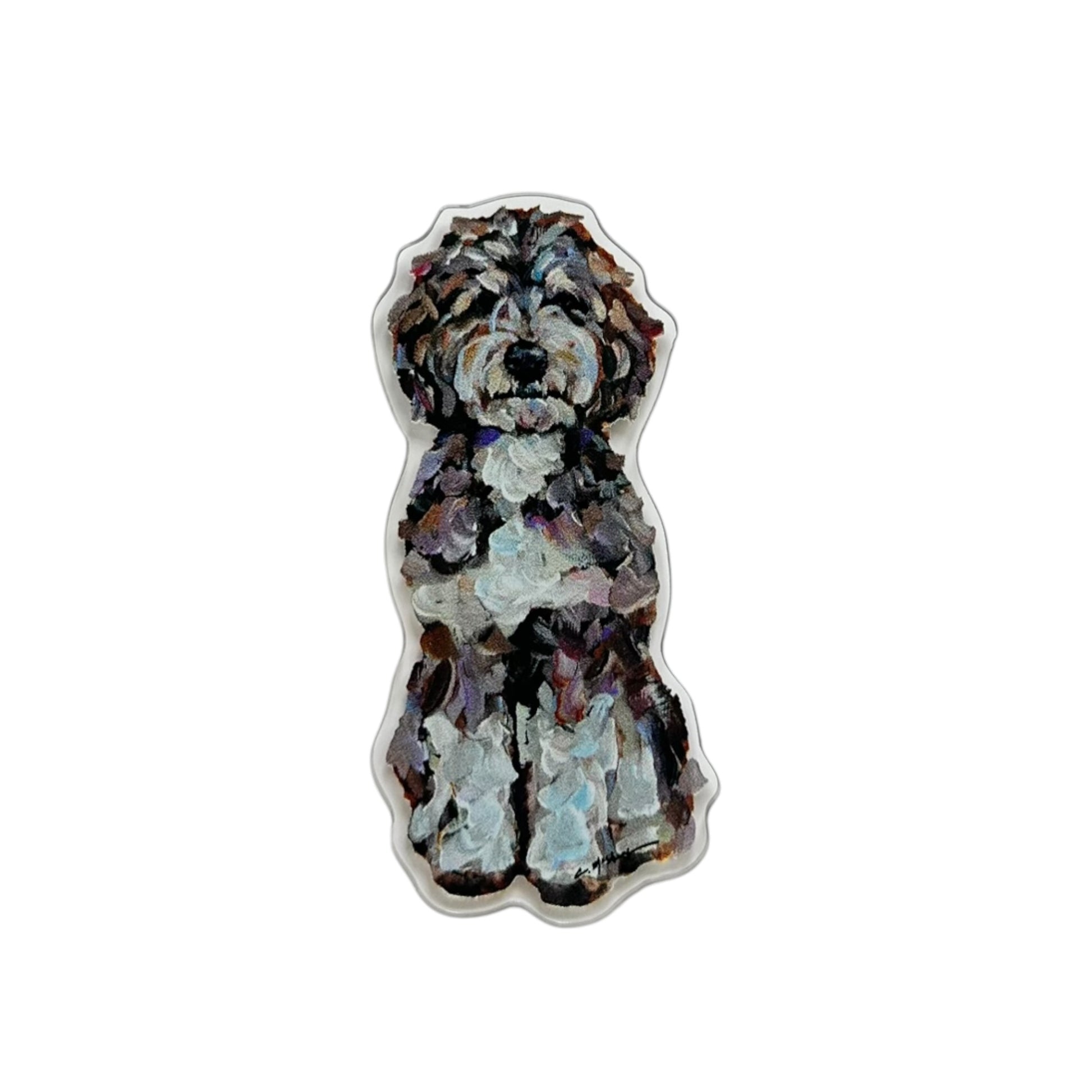Chocolate Bernedoodle dog acrylic magnet featuring original artwork by Chelsea McShane.