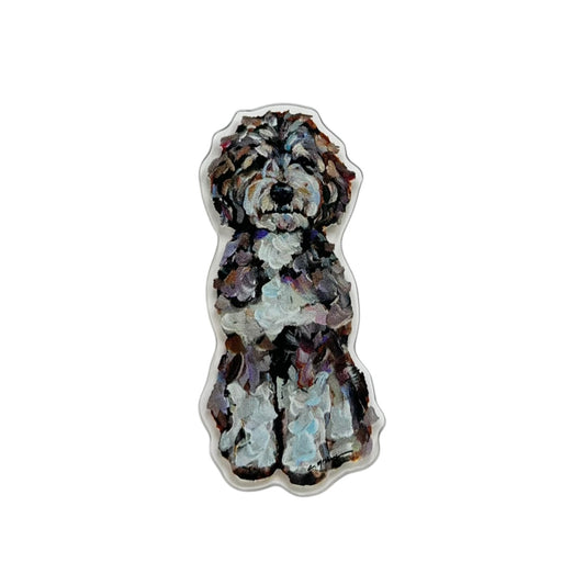 Chocolate Bernedoodle dog acrylic magnet featuring original artwork by Chelsea McShane.